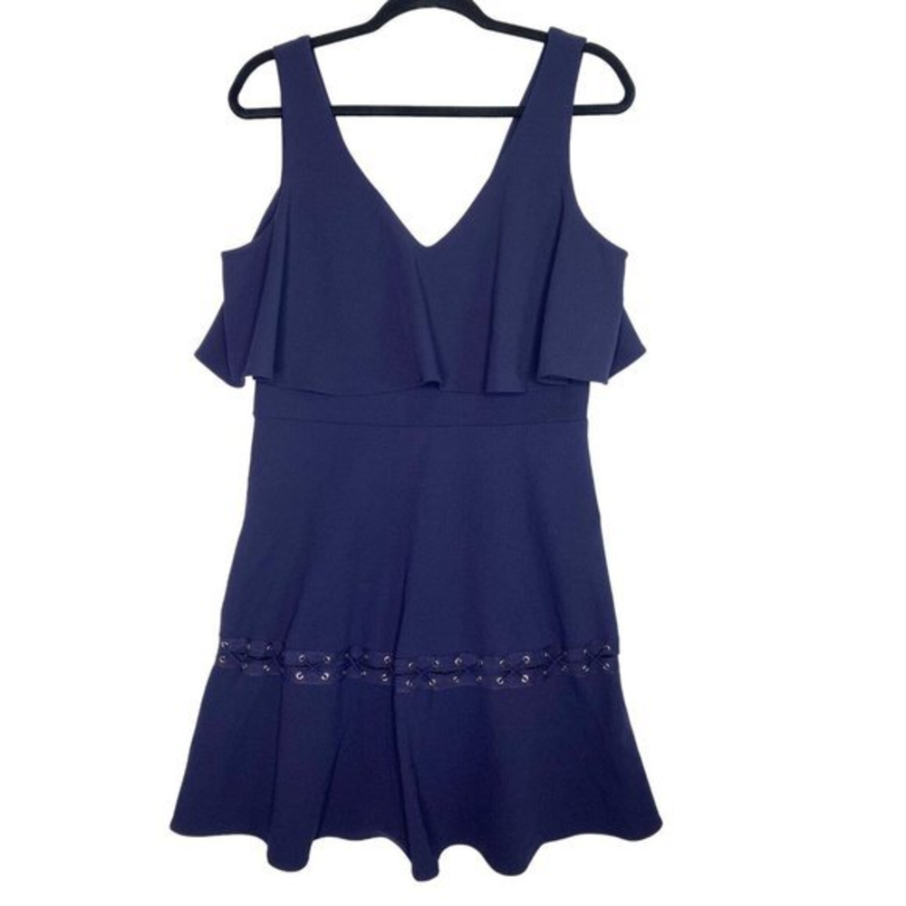 Belle Badgley Mischka Navy Blue Dress 10 Lace Up‎ Detail Ruffle Hem Cocktail